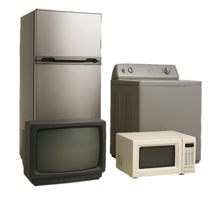 تصویر لوازم خانگی دست دوم شامل یخچال، ماشین لباسشویی، مایکروویو و تلویزیون در کنار هم