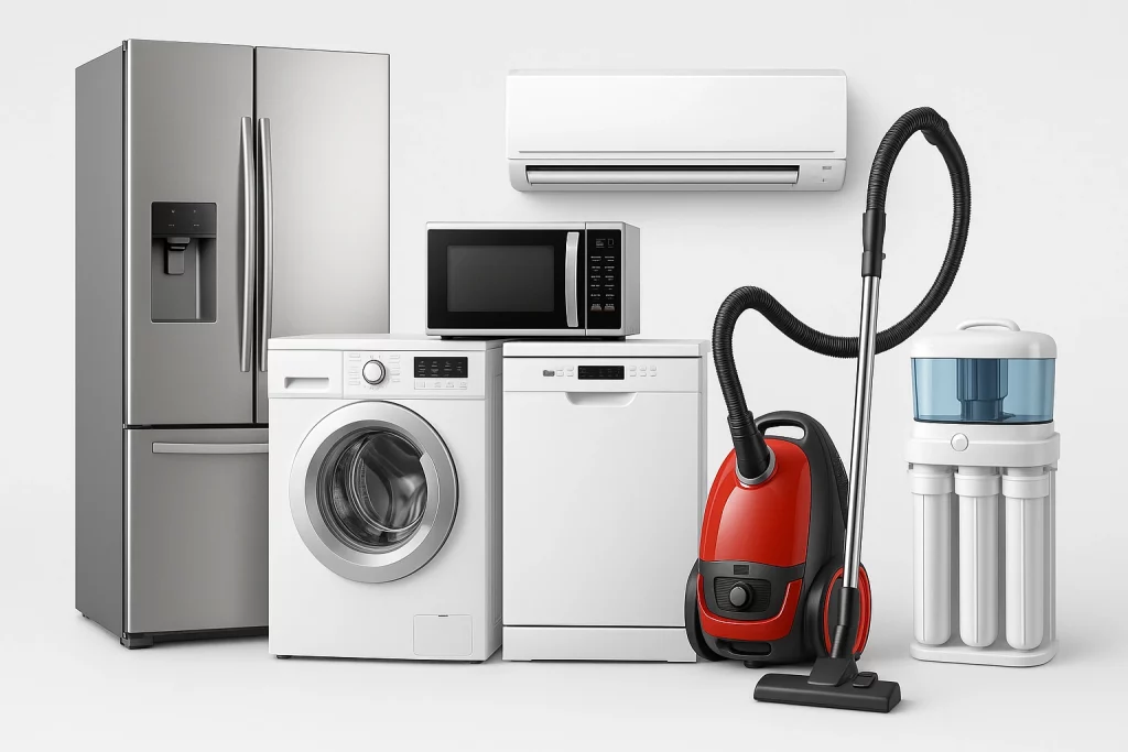 تصویر مجموعهای از لوازم خانگی شامل یخچال، ماشین لباسشویی، ماشین ظرفشویی، مایکروویو، کولر گازی، جاروبرقی و دستگاه تصفیه آب برای وبسایت خدمات تعمیر و فروش قطعات.